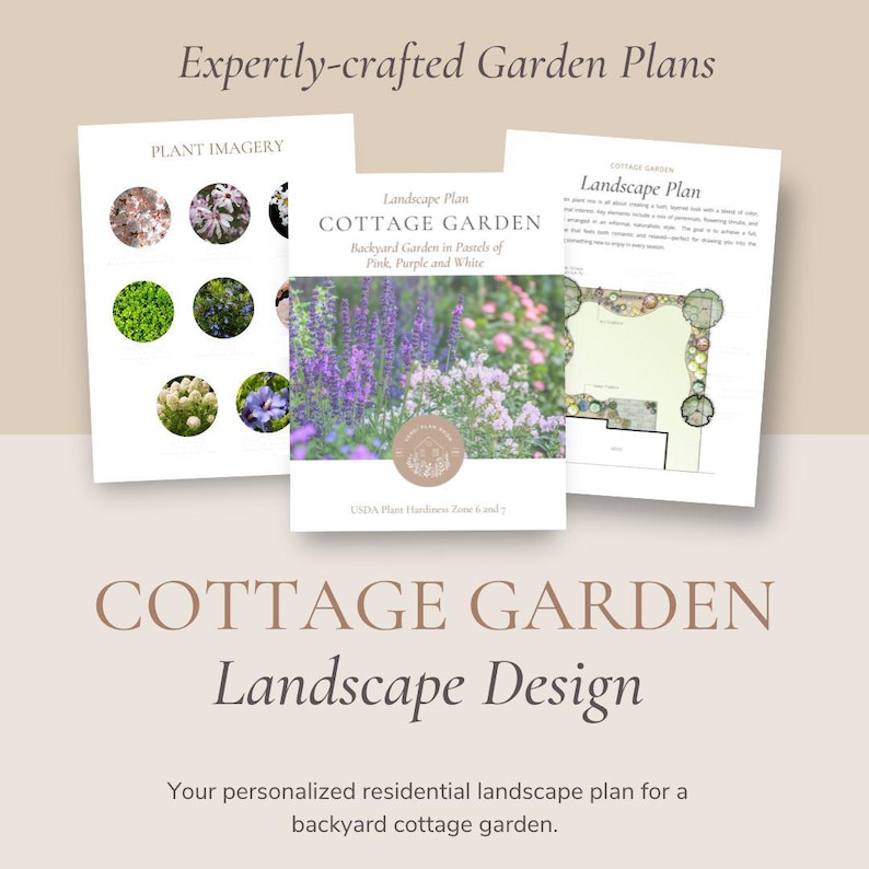 Puede incluir: Una ilustraci&oacute;n digital de un plan de dise&ntilde;o de paisaje de jard&iacute;n de estilo cottage. El plan incluye una disposici&oacute;n del jard&iacute;n con diferentes tipos de plantas y una paleta de colores rosa, morado y blanco. El texto "COTTAGE GARDEN Landscape Design" se muestra debajo de la imagen.