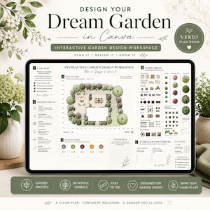 Op de afbeelding: Een digitale tablet met een interactieve tuinontwerpwerkruimte genaamd Design Your Dream Garden in Canva. Het scherm toont een basisplan met een raster, een symboolbibliotheek, plantzones en stapsgewijze instructies voor het plannen van een tuin.