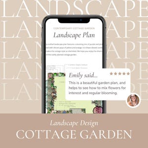 Puede incluir: Un plan de jard&iacute;n de estilo cottage contempor&aacute;neo con una ilustraci&oacute;n dibujada a mano de un dise&ntilde;o de jard&iacute;n. El plan presenta una mezcla de flores moradas, rosas, amarillas y naranjas. El texto "Emily dijo... Este es un hermoso plan de jard&iacute;n, y ayuda a ver c&oacute;mo mezclar las flores para un inter&eacute;s y una floraci&oacute;n regular." se muestra en un bocadillo de di&aacute;logo.