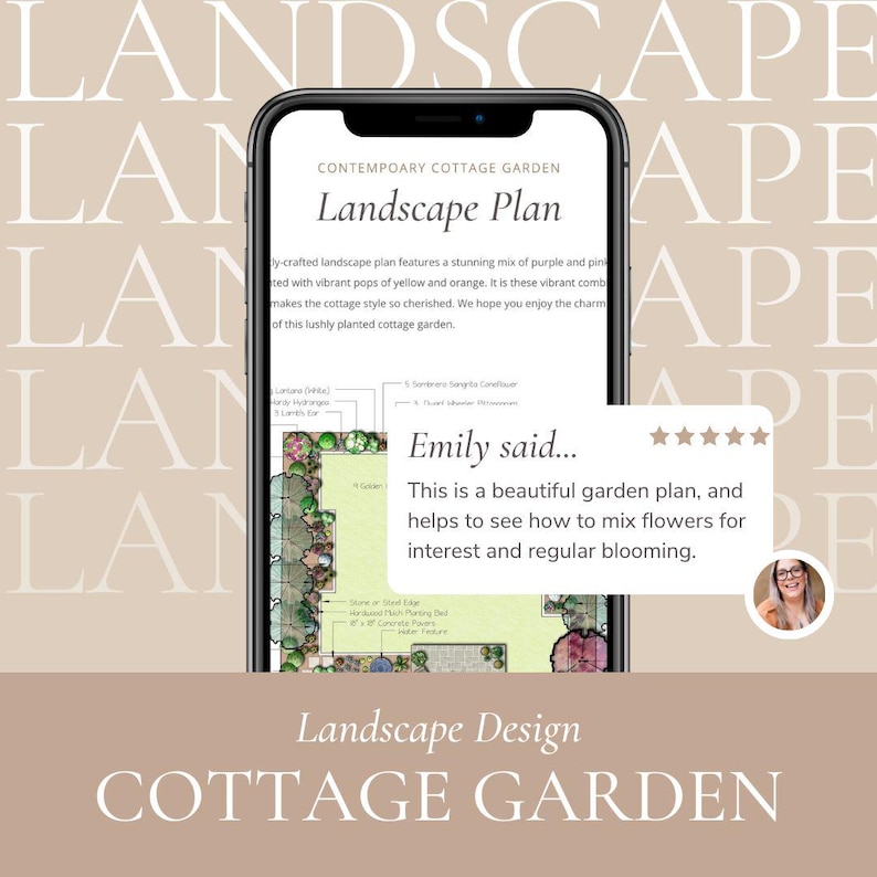 Puede incluir: Un plan de jard&iacute;n de estilo cottage contempor&aacute;neo con una ilustraci&oacute;n dibujada a mano de un dise&ntilde;o de jard&iacute;n. El plan presenta una mezcla de flores moradas, rosas, amarillas y naranjas. El texto "Emily dijo... Este es un hermoso plan de jard&iacute;n, y ayuda a ver c&oacute;mo mezclar las flores para un inter&eacute;s y una floraci&oacute;n regular." se muestra en un bocadillo de di&aacute;logo.