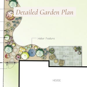 Puede incluir: Un plano de jard&iacute;n detallado con un arriate de flores curvo, una fuente de agua, un patio con sillas y una mesa, y una casa.