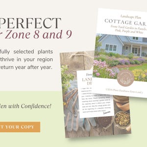 Pode incluir: Um plano de paisagismo para um jardim de cottage em tons pastel de rosa, roxo e branco. O plano &eacute; para as zonas de resist&ecirc;ncia das plantas USDA 6 e 7. O texto "Done Lani De" e "Lauren" tamb&eacute;m &eacute; vis&iacute;vel.