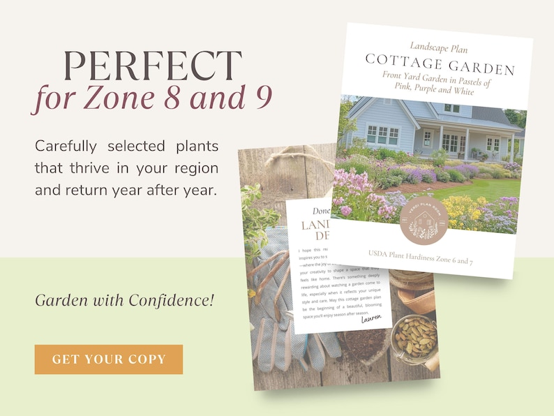 Pode incluir: Um plano de paisagismo para um jardim de cottage em tons pastel de rosa, roxo e branco. O plano &eacute; para as zonas de resist&ecirc;ncia das plantas USDA 6 e 7. O texto "Done Lani De" e "Lauren" tamb&eacute;m &eacute; vis&iacute;vel.