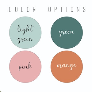 The four color options are shown on color swatches:  light green, green, pink, and orange.