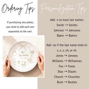 May include: A white ceramic plate with gold line art featuring a bow, ring, bouquet, champagne glass, cake, and shoes, with the text 'the Joneses EST 2027'. The image includes ordering and personalization tips for adding last names to the plate.