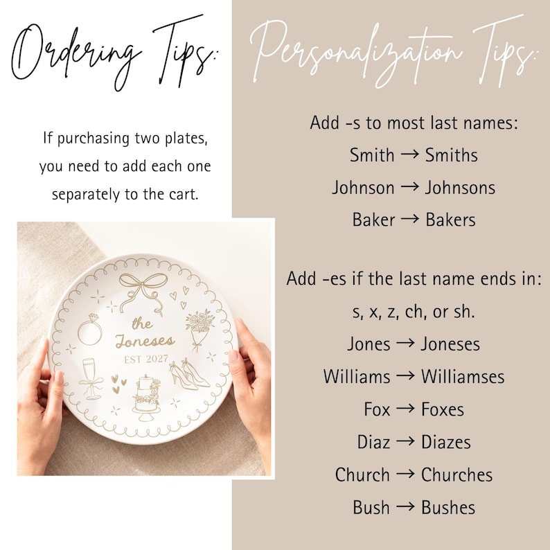 May include: A white ceramic plate with gold line art featuring a bow, ring, bouquet, champagne glass, cake, and shoes, with the text 'the Joneses EST 2027'. The image includes ordering and personalization tips for adding last names to the plate.
