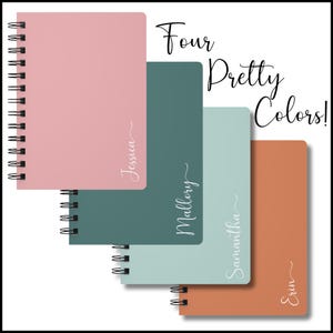 The four color options are shown on four different journals, organized in sequence:  pink, dark green/blue, light green/blue and orange.