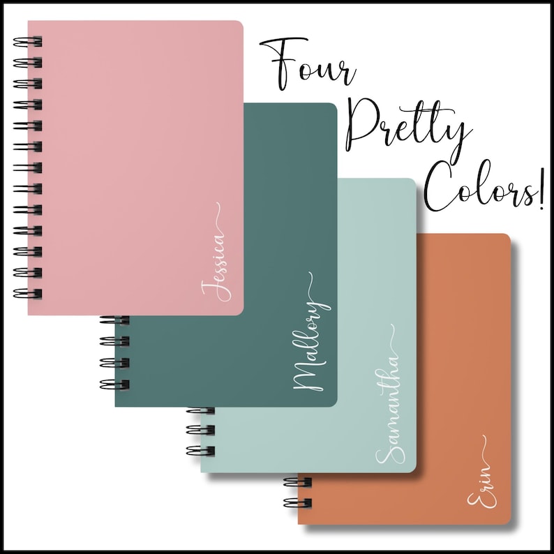 The four color options are shown on four different journals, organized in sequence:  pink, dark green/blue, light green/blue and orange.