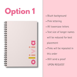 Option 1, a blush pink notebook with a gold and pink logo that says 'olivia' in lowercase letters. The notebook has a spiral binding and is closed.