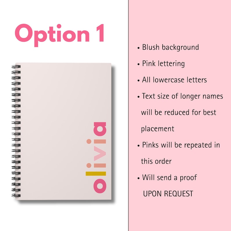 Option 1, a blush pink notebook with a gold and pink logo that says 'olivia' in lowercase letters. The notebook has a spiral binding and is closed.