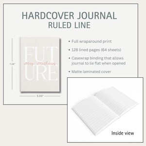 Text at the top says :HARDCOVER JOURNAL: LINED The journal is shown without a design and standing up, open.  The measurements are shown: is 7 inches tall and 5 inches wide.  Pages are lined.  Product details include:  full wraparound print, 128 pages (64 sheets), matte laminated cover, flexible, sewn spine that allows for journal to lay flat when opened.