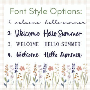 Customize your garden flag with our curated selection of font style options, designed to perfectly complement your wildflower aesthetic. This guide showcases four distinct lettering styles, ranging from delicate, modern calligraphy and playful hand-lettered scripts to a classic, clean serif for a more traditional look. Each option is displayed with "Welcome" and "Hello Summer" examples to help you visualize your personalized greeting.