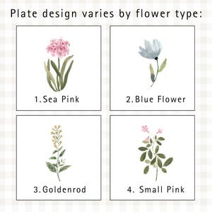 May include: Four square images showcasing floral plate designs. Each plate features a different watercolor flower: Sea Pink, Blue Flower, Goldenrod, and Small Pink. The text "Plate design varies by flower type:" is at the top.