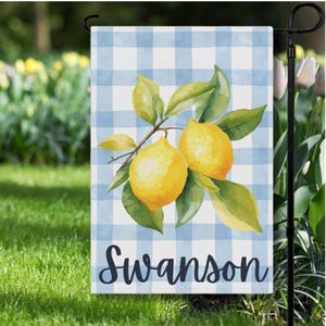 Personalized Lemon Garden Flag: Blue & White Summer Decor (12x18&quot;)