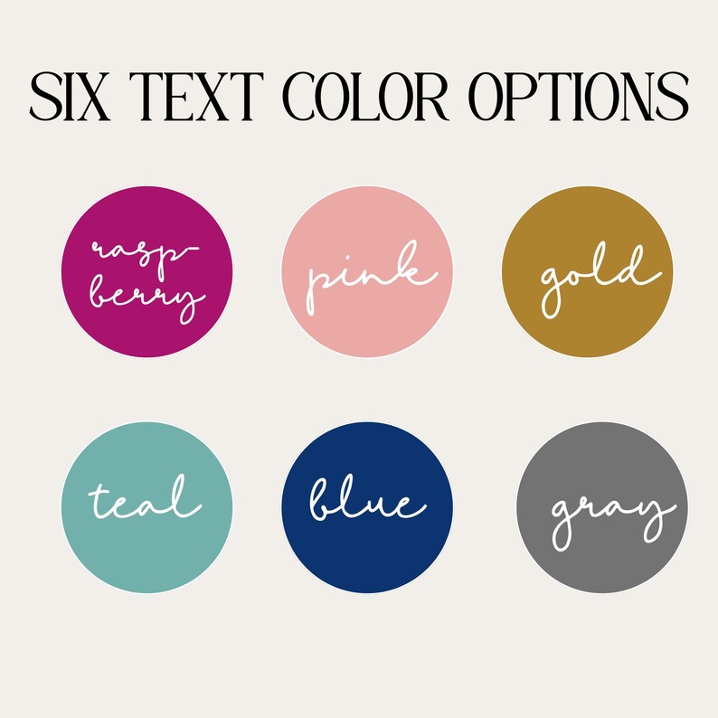 Text across the top in block letters, says "SIX TEXT COLOR OPTIONS:"  Then in two rows of three, circle color swatches are shown and labeled.  Top row, left to right:  raspberry, pink, gold. Bottom row, left to right:  teal, blue, gray.