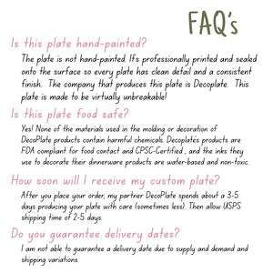 May include: Text on a white background with the heading "FAQ's" in green. The text answers questions about a plate, including whether it is hand-painted, food safe, and delivery times.