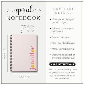 A pink spiral notebook with the name 'jennifer' printed in colorful letters on the front cover. The notebook has 118 ruled line pages, a dark grey back cover, and a document pocket on the inside back cover. The notebook is 8 inches tall and 6 inches wide.