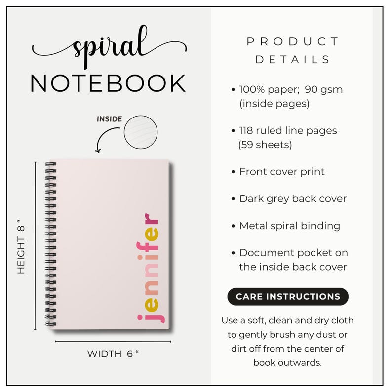 A pink spiral notebook with the name 'jennifer' printed in colorful letters on the front cover. The notebook has 118 ruled line pages, a dark grey back cover, and a document pocket on the inside back cover. The notebook is 8 inches tall and 6 inches wide.