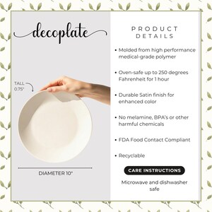 Decorative 10-inch decoplate made from high-performance, medical-grade polymer. Lightweight yet durable with a smooth satin finish that enhances color and detail. Measures 10” in diameter and 0.75” tall. Oven-safe up to 250°F for 1 hour, microwave and dishwasher safe. Free from melamine, BPA, and harmful chemicals. FDA food-contact compliant and fully recyclable—designed to last a lifetime.