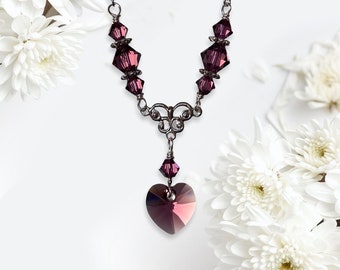 Valentines Purple Heart  Crystal Filigree Delicate Necklace Jewelry for Women