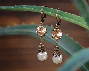 Golden Shadow & Baroque Pearl November Birthstone Crystal Earrings for Women Jewelry Gift for Her