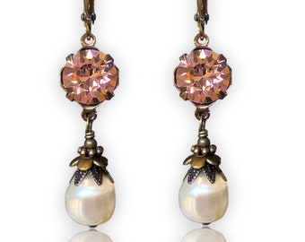 Vintage Crystal and Pearl Dangle Handmade Earrings Jewelry for Women Gift