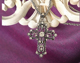 Vintage Rhinestone Cross Pendant Necklace for Women, Faith Cross Necklace,