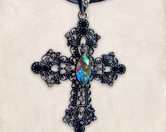 Jet Black Vintage Victorian Large Filigree Cross Necklace