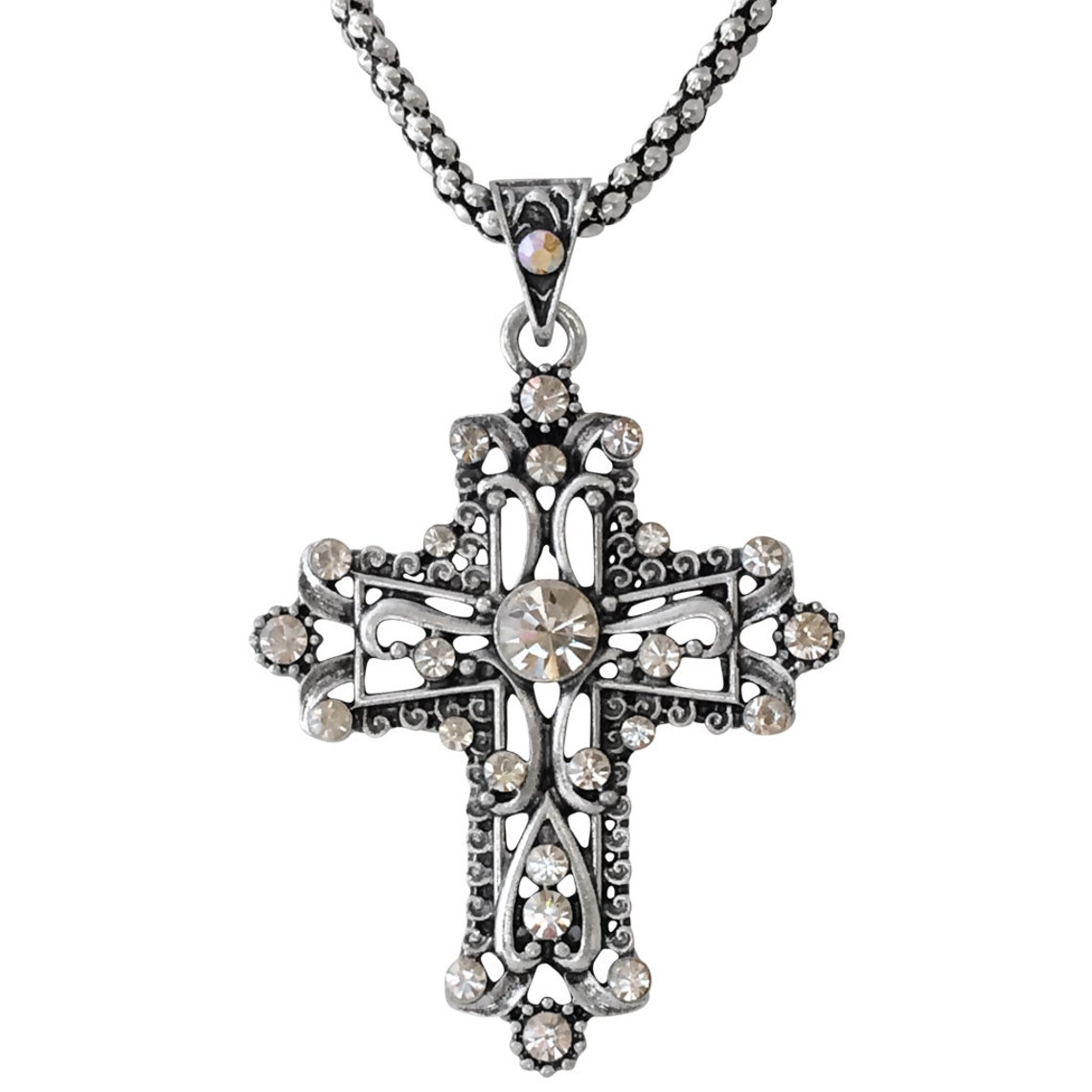 Cross Pendant Necklace Vintage Cross Necklace Rhinestone Etsy