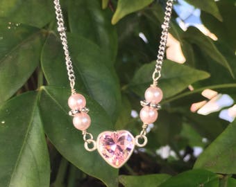 Pink CZ Heart Heart Necklace for Women Jewelry Gift for Her