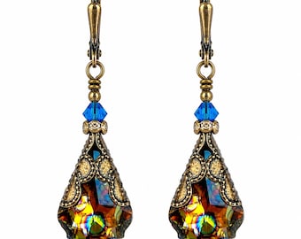Pfauen Blaue Kristall Ohrringe, Viktorianische Brisur Ohrringe, Österreichischer Kristall Schmuck, Handgemachtes Geschenk für Sie, Vintage Braut Ohrringe