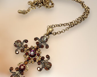 Vintage Cross Necklace for Women Jewelry Goldtone Rhinestone Pendant for Faith Rosary with Gift Box