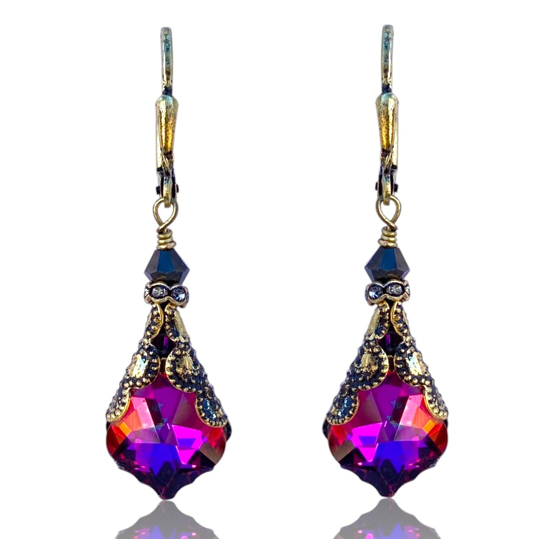 thumbnail image 2 of Vintage Lever Back Earrings For Women Simulated Pearl Austrian Crystal Dangle Drop Victorian Antique Inspired - Jewelry Gift For Her - Purple/Amethyst 2 of 12