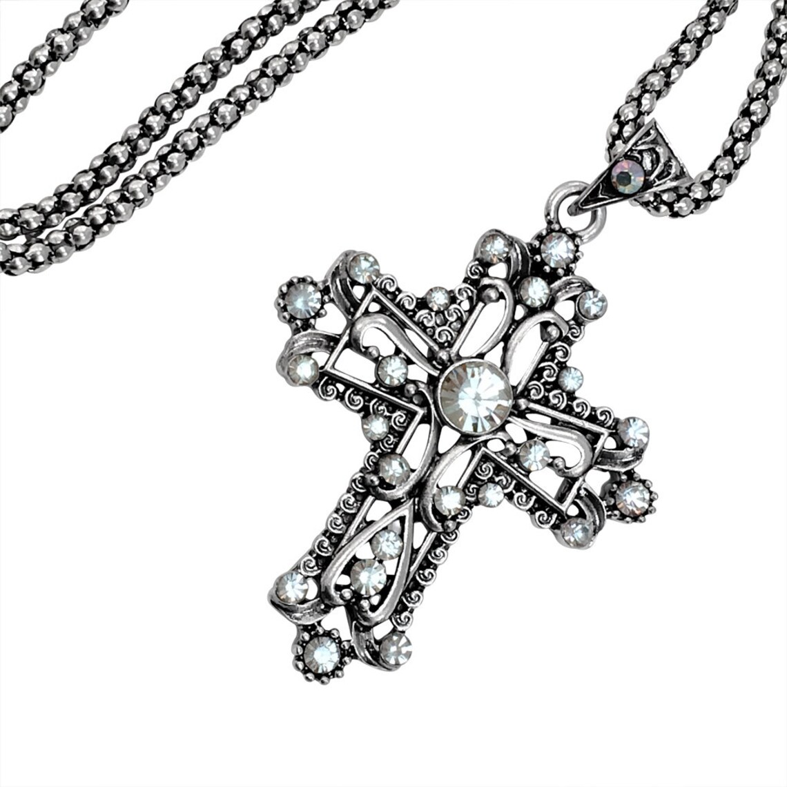 Cross Pendant Necklace Vintage Cross Necklace Rhinestone Etsy