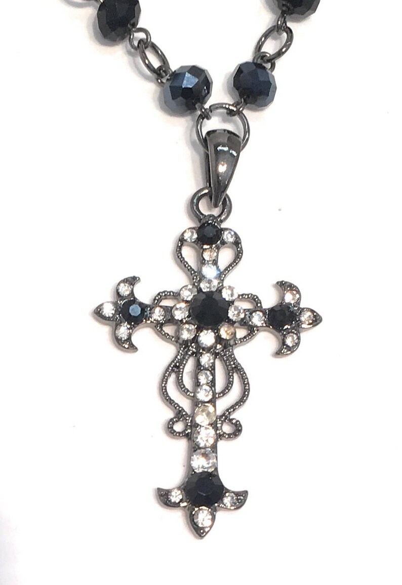 Jet Black Clear Crystal Rhinestone Cross Pendant Necklace, Cross Necklace image 3