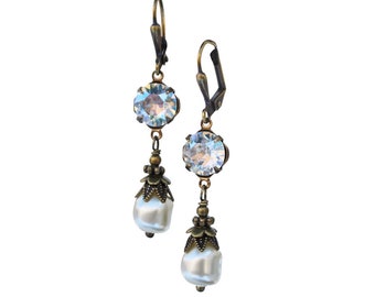 Crystal Vintage Bronze Earrings Faux Pearl Dangle Drop Jewelry for Women Gift for Her