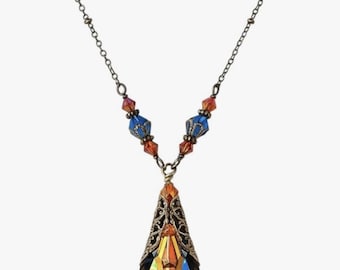 Peacock Austrian Crystal Pendant Necklace, Antique Gold Filigree (Handmade)