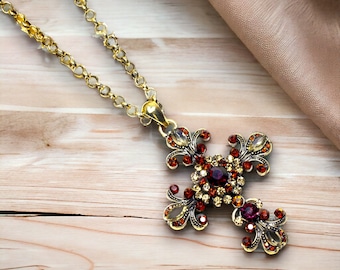 Vintage Cross Necklace for Women Jewelry Goldtone Rhinestone Pendant for Faith Rosary with Gift Box