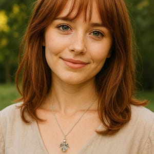 May include: A woman with auburn hair and green eyes smiles, wearing a beige top and a silver necklace with a pendant. The pendant features a detailed angel design with wings and a central pearl.