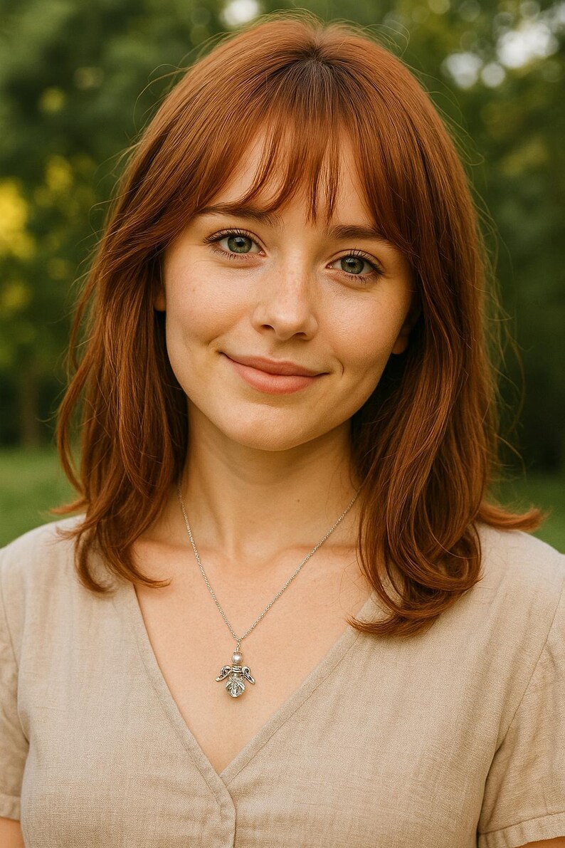 May include: A woman with auburn hair and green eyes smiles, wearing a beige top and a silver necklace with a pendant. The pendant features a detailed angel design with wings and a central pearl.