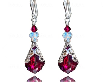 July Simulated Birthstone Ruby Red Crystal Vintage Inspired Earrings for Women with Jewelry Gift Box