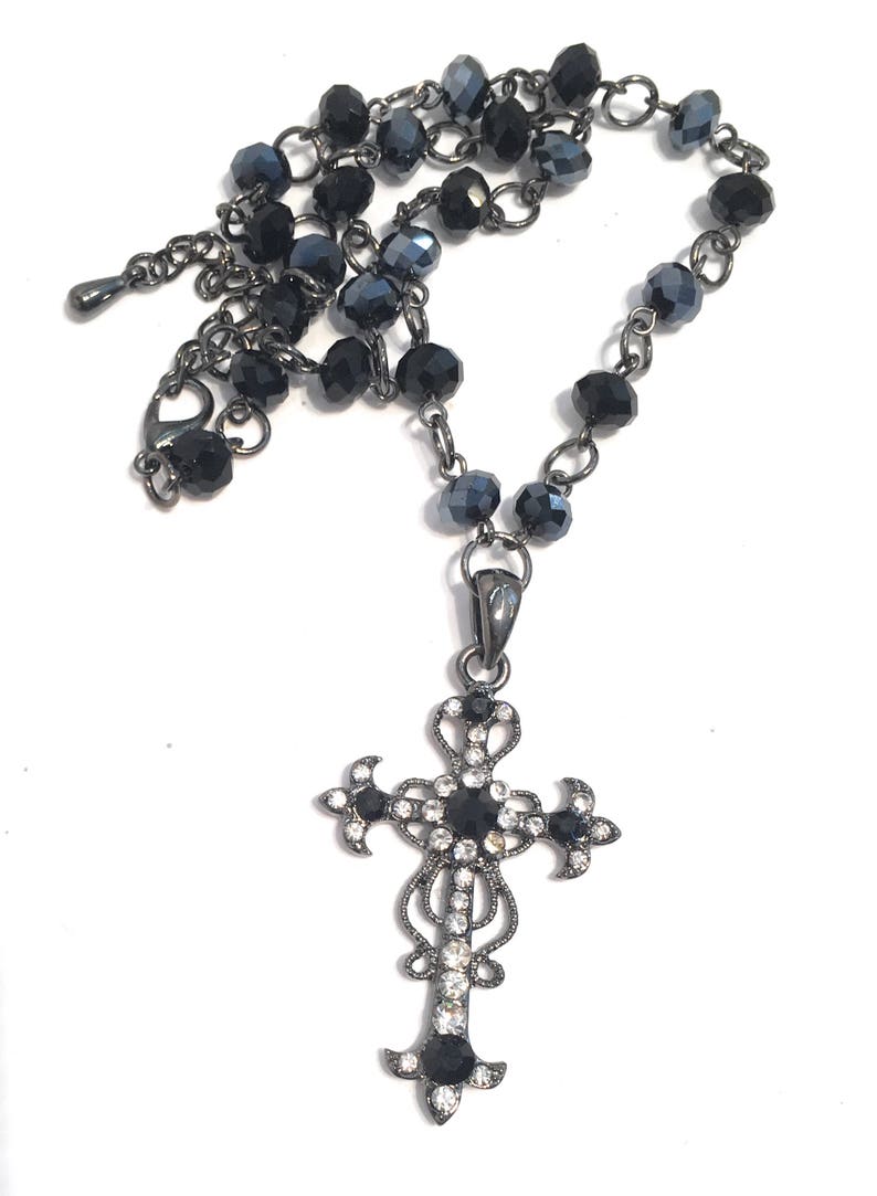Jet Black Clear Crystal Rhinestone Cross Pendant Necklace, Cross Necklace image 2