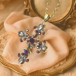 Vintage Goldtone Rhinestone Cross Pendant Necklace, Gift Box