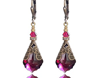 Ruby Red Vintage Inspired Crystal Drop Dangle Earrings for Women, Jewelry Gift Box