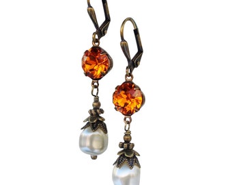 Vintage Crystal Earrings for Women with Coral and Pearl Jewelry Gift Box