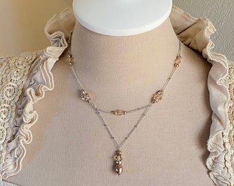 Exquisite Double Layer Pearl and Crystal Bronze Tone Necklace Pretty Jewelry Gift for Women
