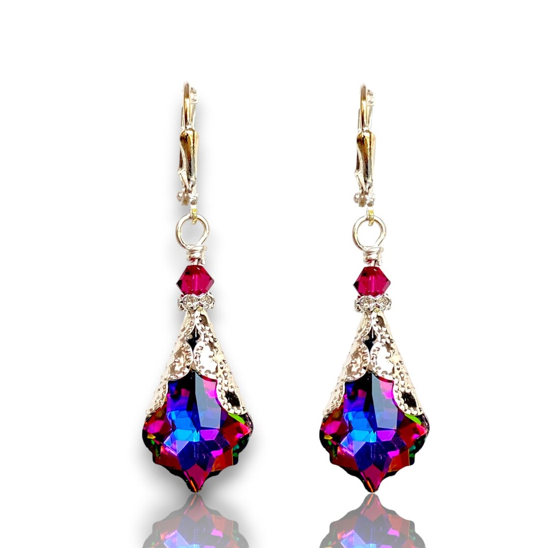 Boucles D'oreilles Pendantes Cristal Fleur Pétales - Bleu Rose Vert Doré - Charlestone Neuf Sans Boîte