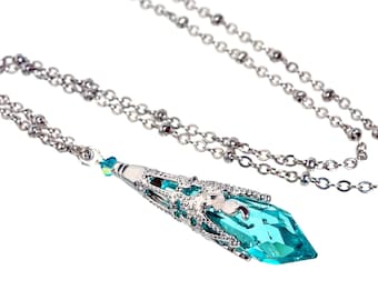 Vintage Aqua Blue Icicle Austrian Crystal Pendant Filigree Jewelry Necklace for woman