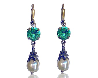 Erinite Green Crystal Dangle Pearl Drop Earrings Jewelry Women Gift for Her