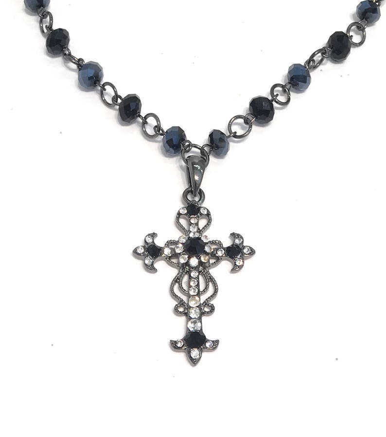 Jet Black Clear Crystal Rhinestone Cross Pendant Necklace, Cross Necklace image 1